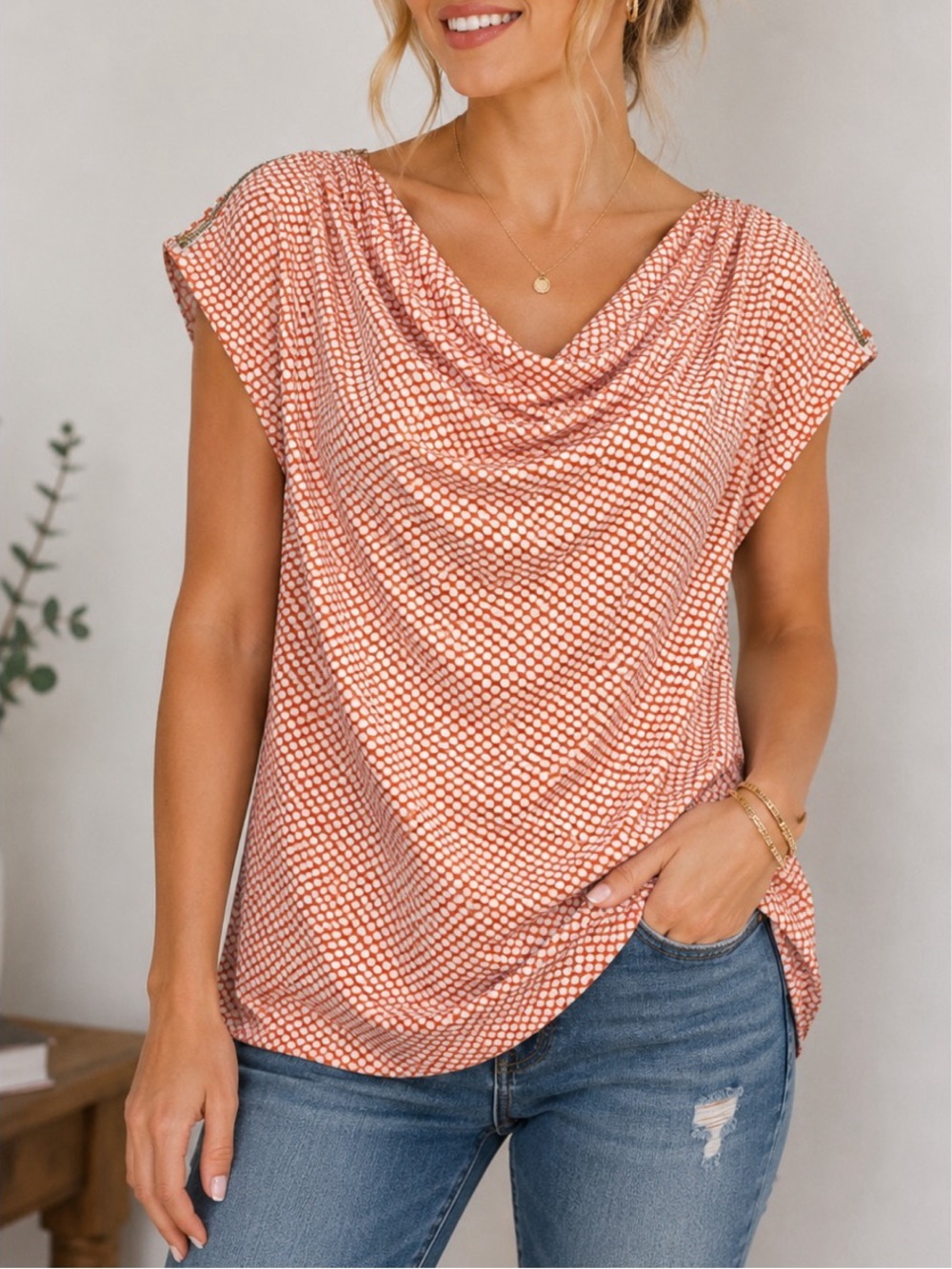 Worthington Orange & white printed blouse, allover dotted/geometric pattern